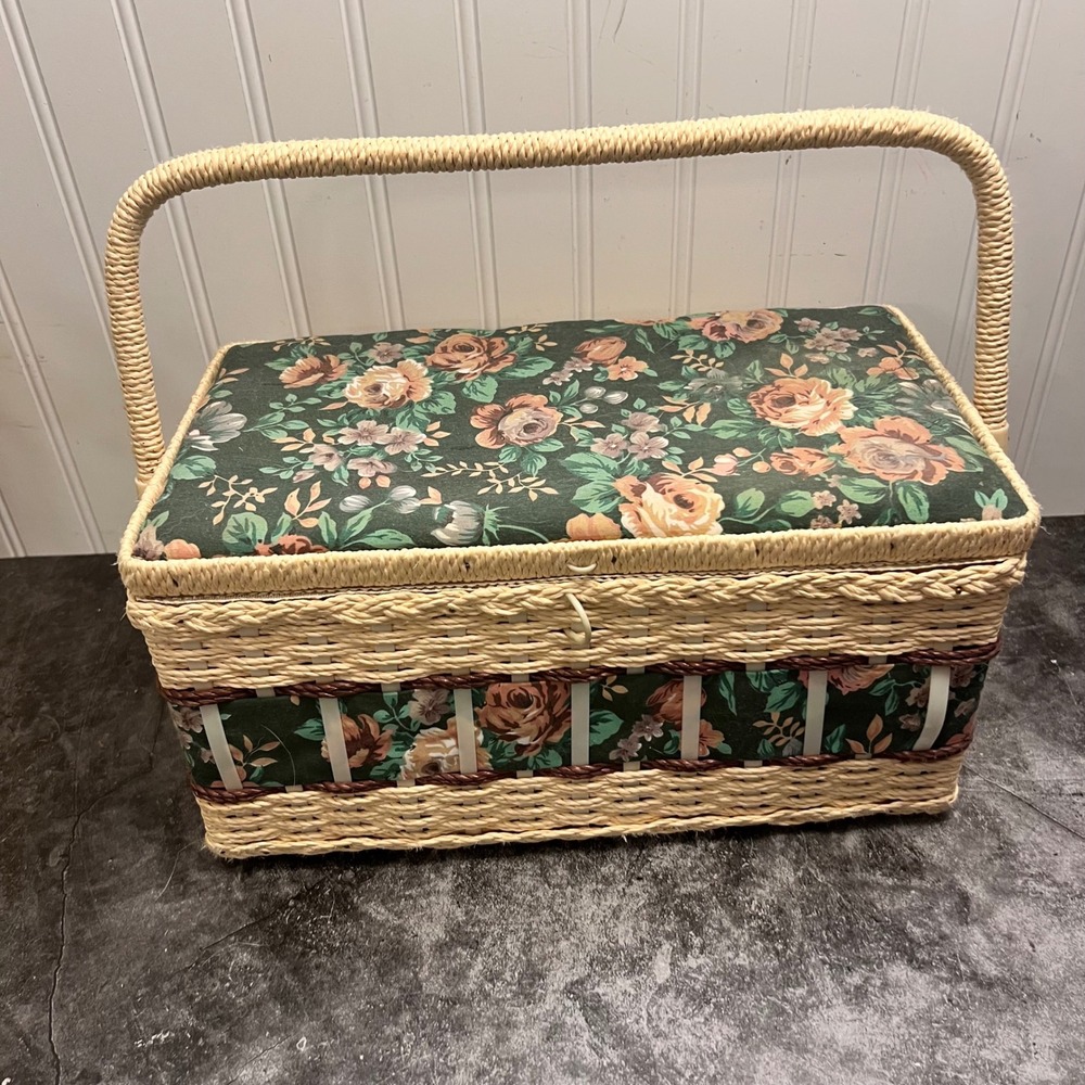Vintage Rectangle Wicker Green Floral Sewing Basket | *SEE NOTE | Cottage